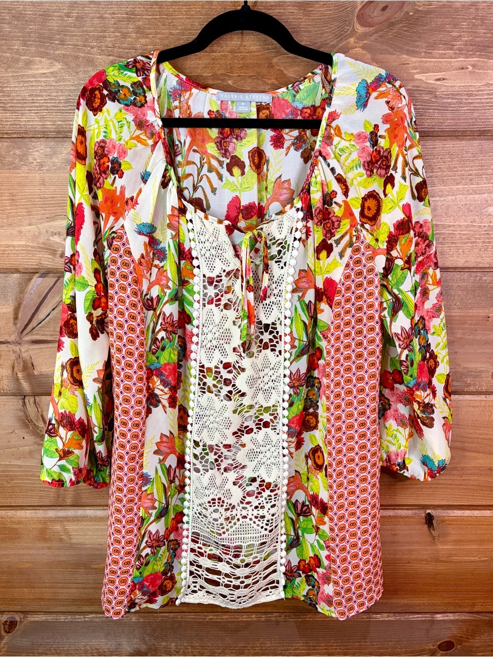 Valerie Stevens Floral Patchwork Crochet Lace Boho Tunic Blouse Size Medium ππ
